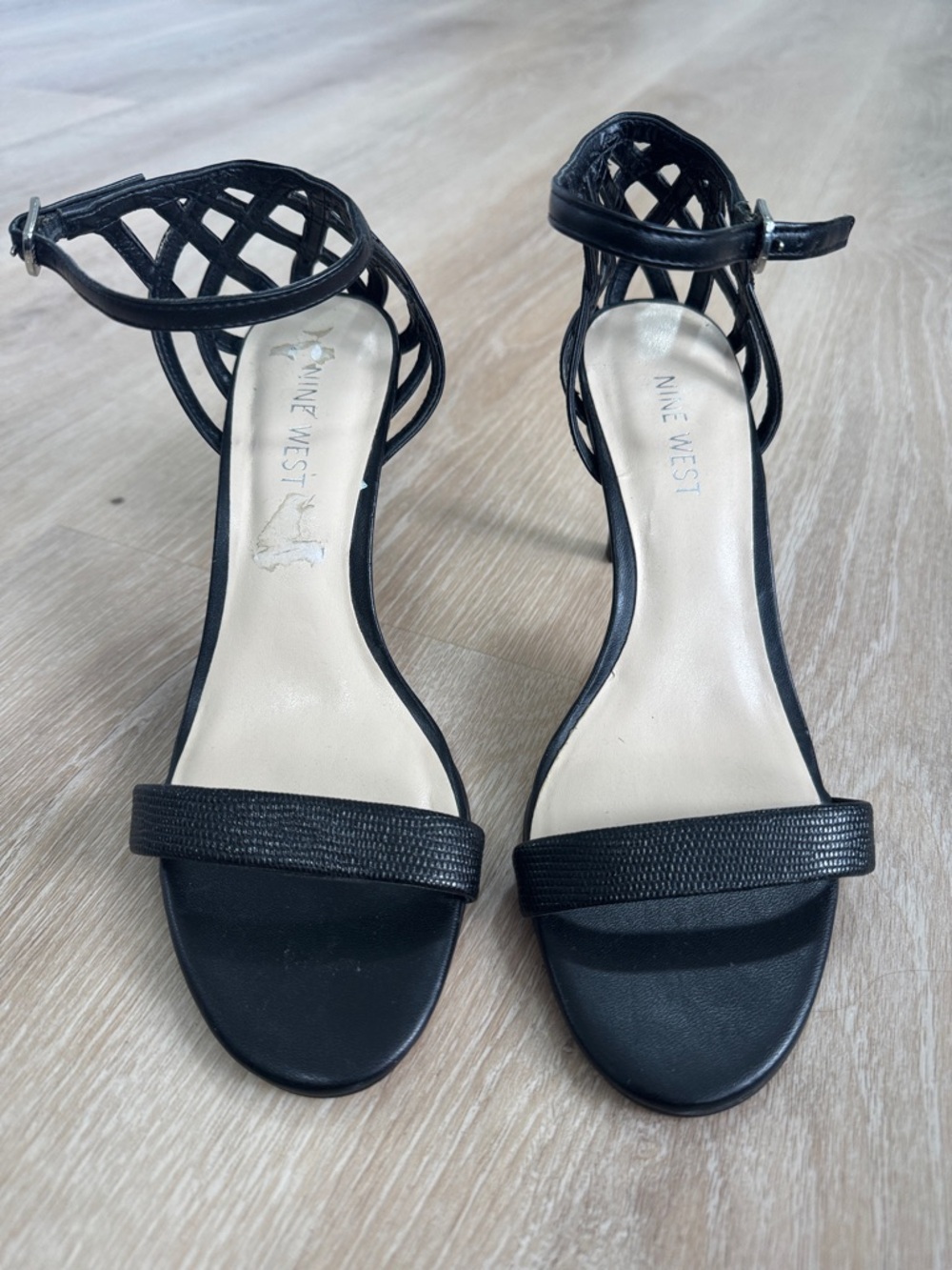 Nine West Black Open-Toe Lattice Ankle-Strap Heels